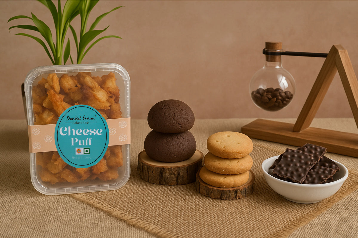 Dunkel Braun Cheese Puff, brownie cookies, butter cookies and chocolate crunch on a jute table